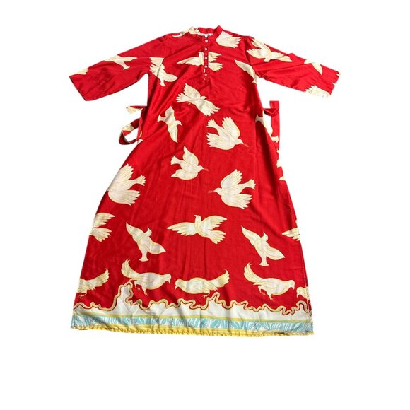 Red Long-Sleeve Bird Print Maxi Dress By Modaposa Button-Front With Tie Waist Wo - Picture 9 of 10